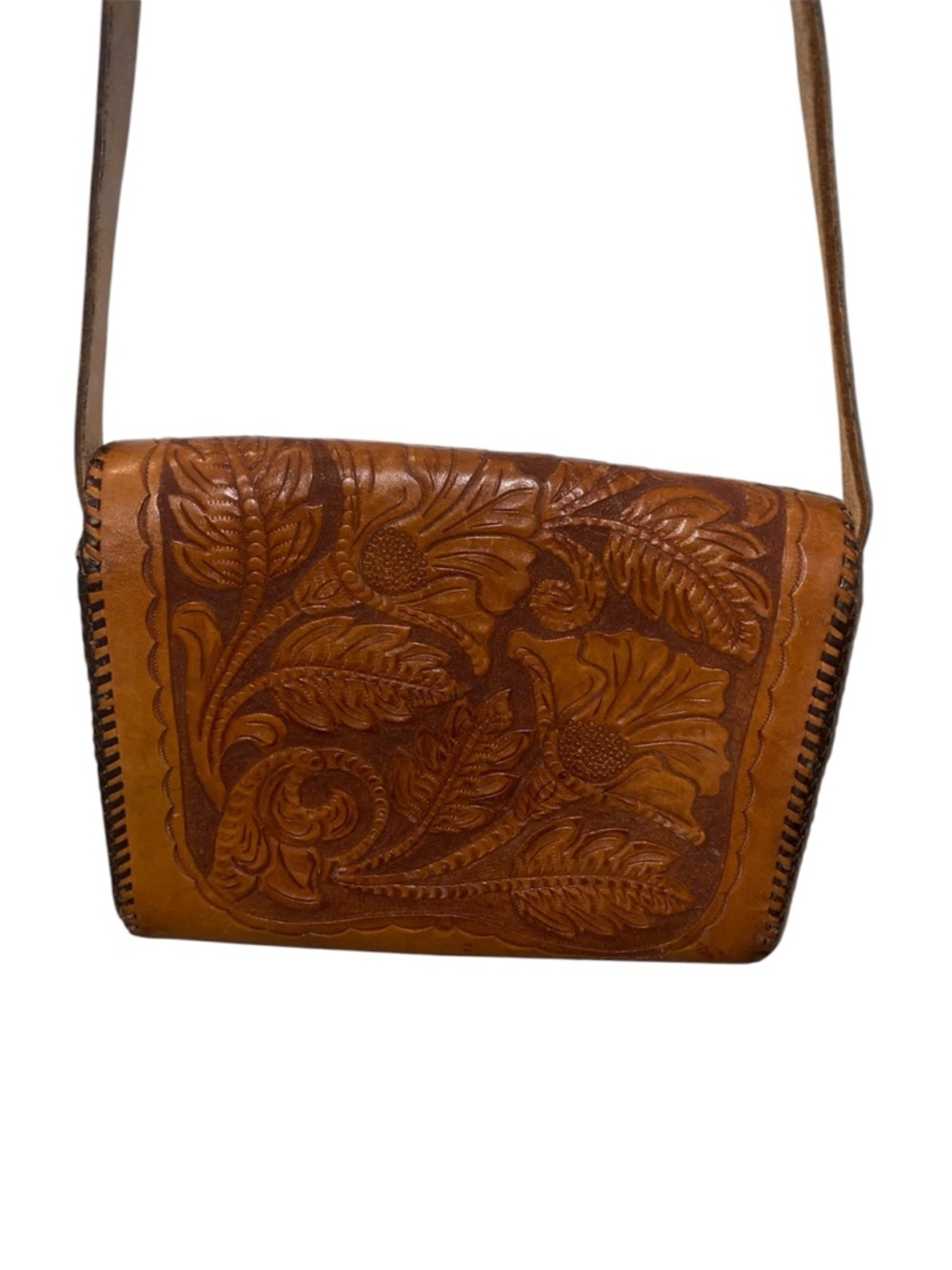 Hand-Tooled Floral Leather Crossbody Bag - Brown